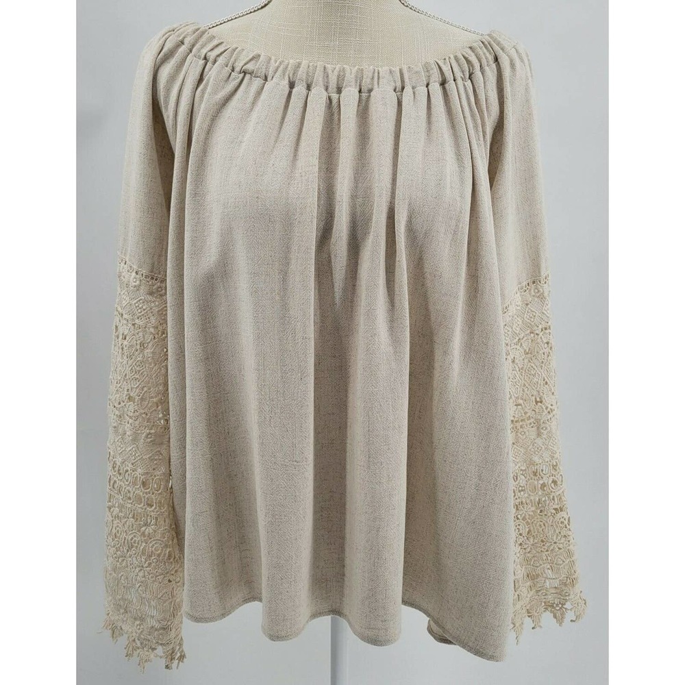 Chrysanthemum Women's M Tan Bell Sleeve Crochet Bell Sleeve Top Slouchy Linen - Picture 1 of 10